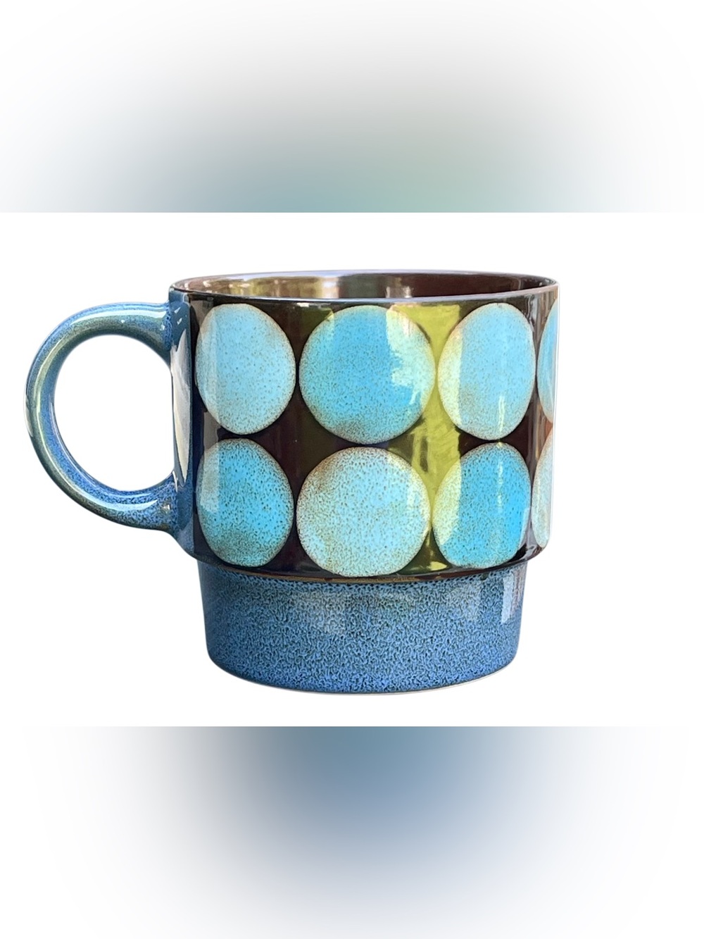 VTG Pier 1 Retro Dots MCM Stackable Stoneware Coffee Mugs Blue Brown EUC